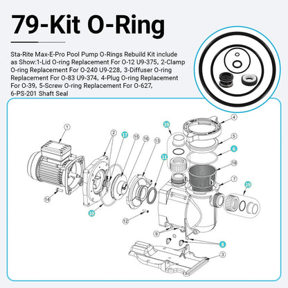 O-Ring Repair Rebuild Kit 79 Fit for StaRite Max-E-Pro Pool Pump – Black