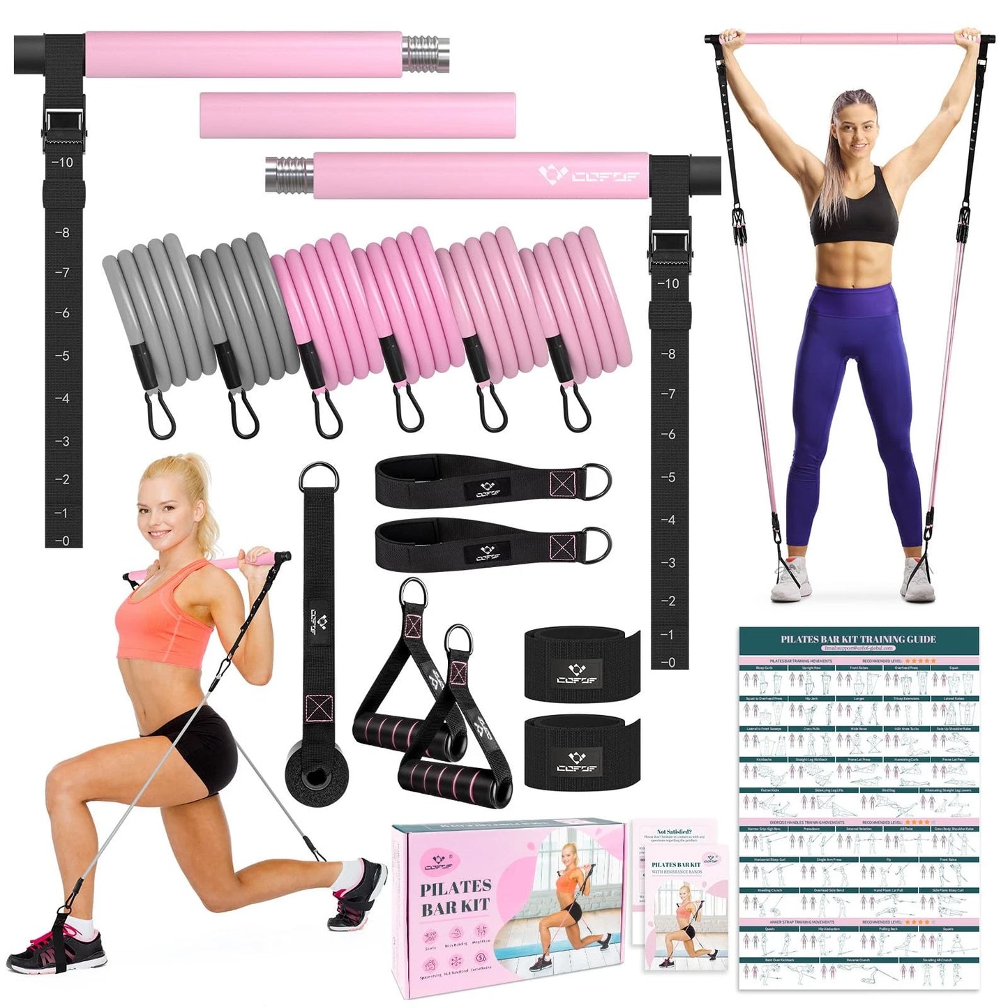 Pilates Bar Kit with Resistance Bands, Multifunctional Yoga One Size, Pink