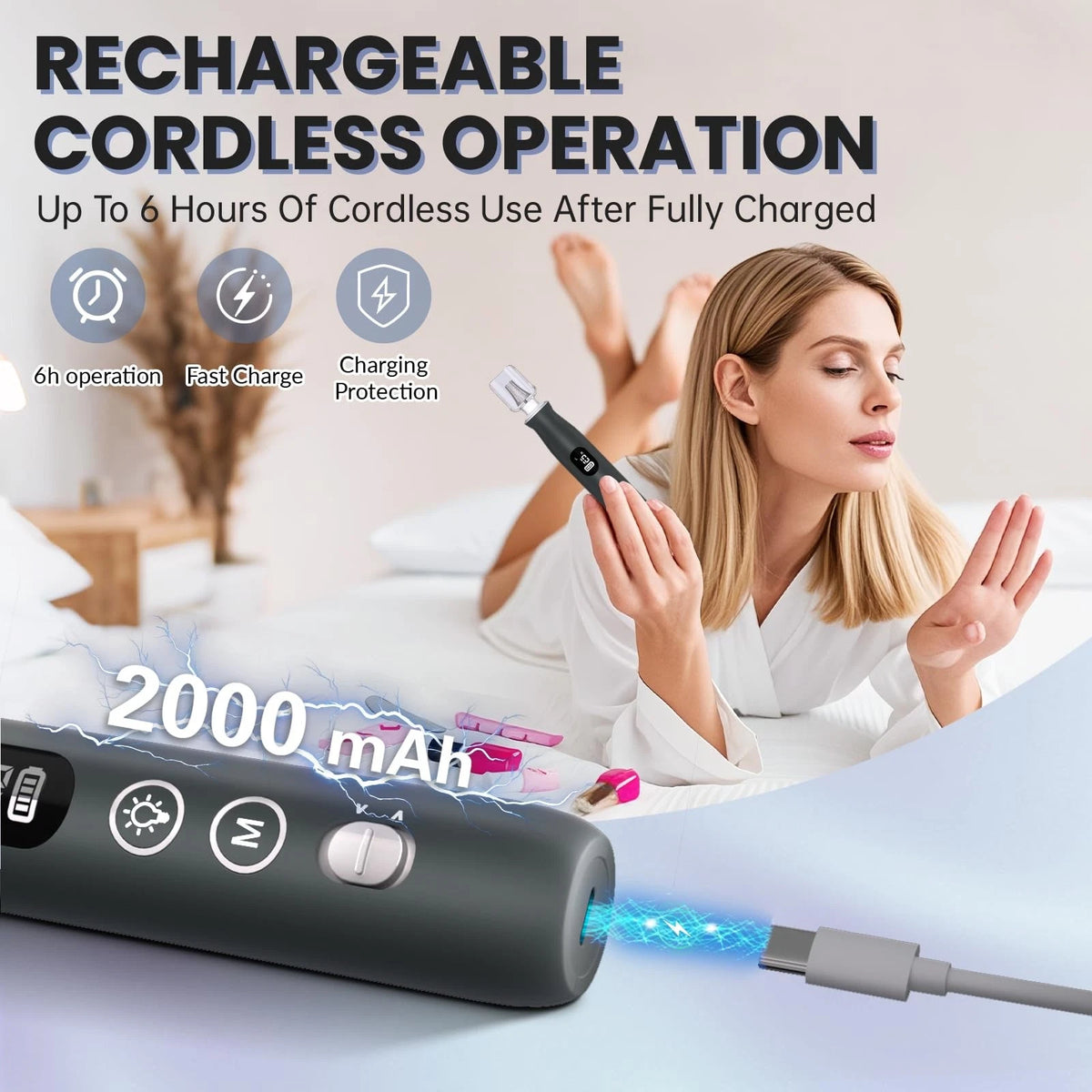 Electric Nail Drill, Cordless 2000 mAh Rechargeable Portable File Grey