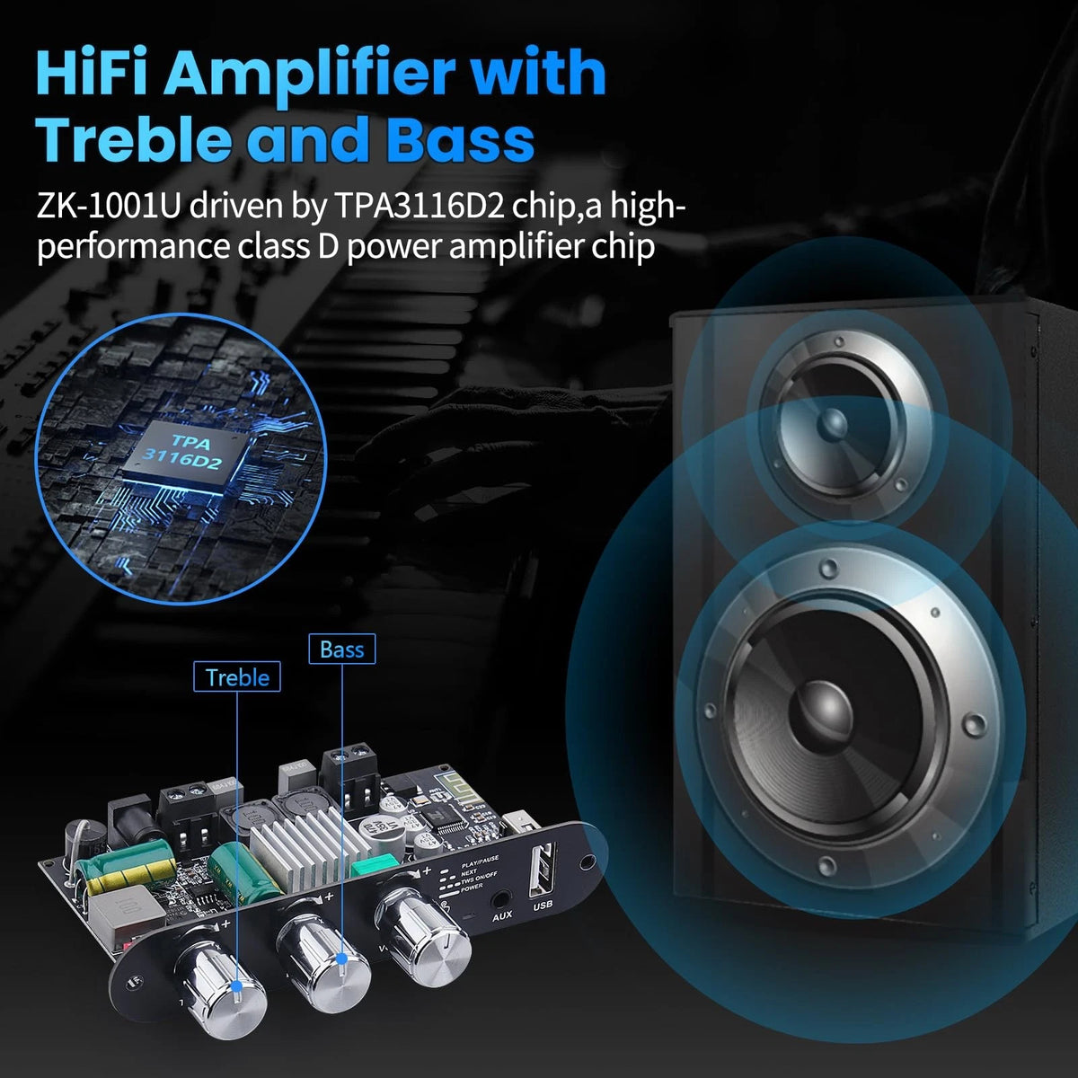 ZK-1001U Amp Bluetooth 5.3 Mono Amplifier Board with TWS, Black4