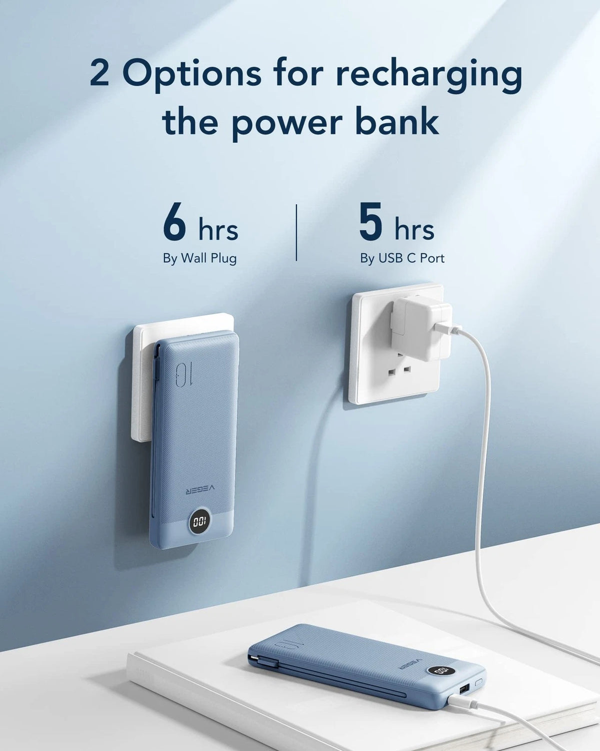 VEGER Portable Charger for iPhone Built in Cables and Wall Plug, D Blue