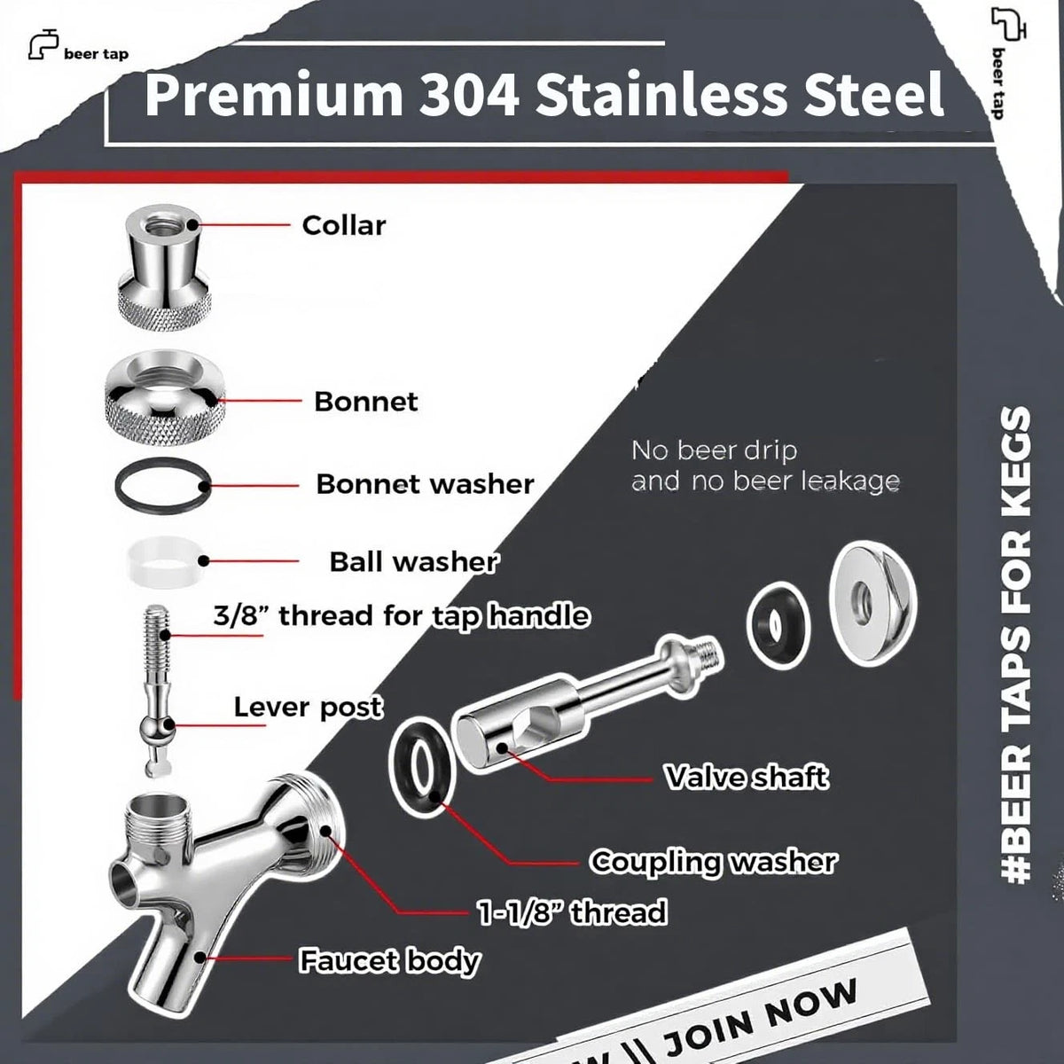 Standard Beer Faucet 304 Stainless Steel Core Tap for Kegerator...