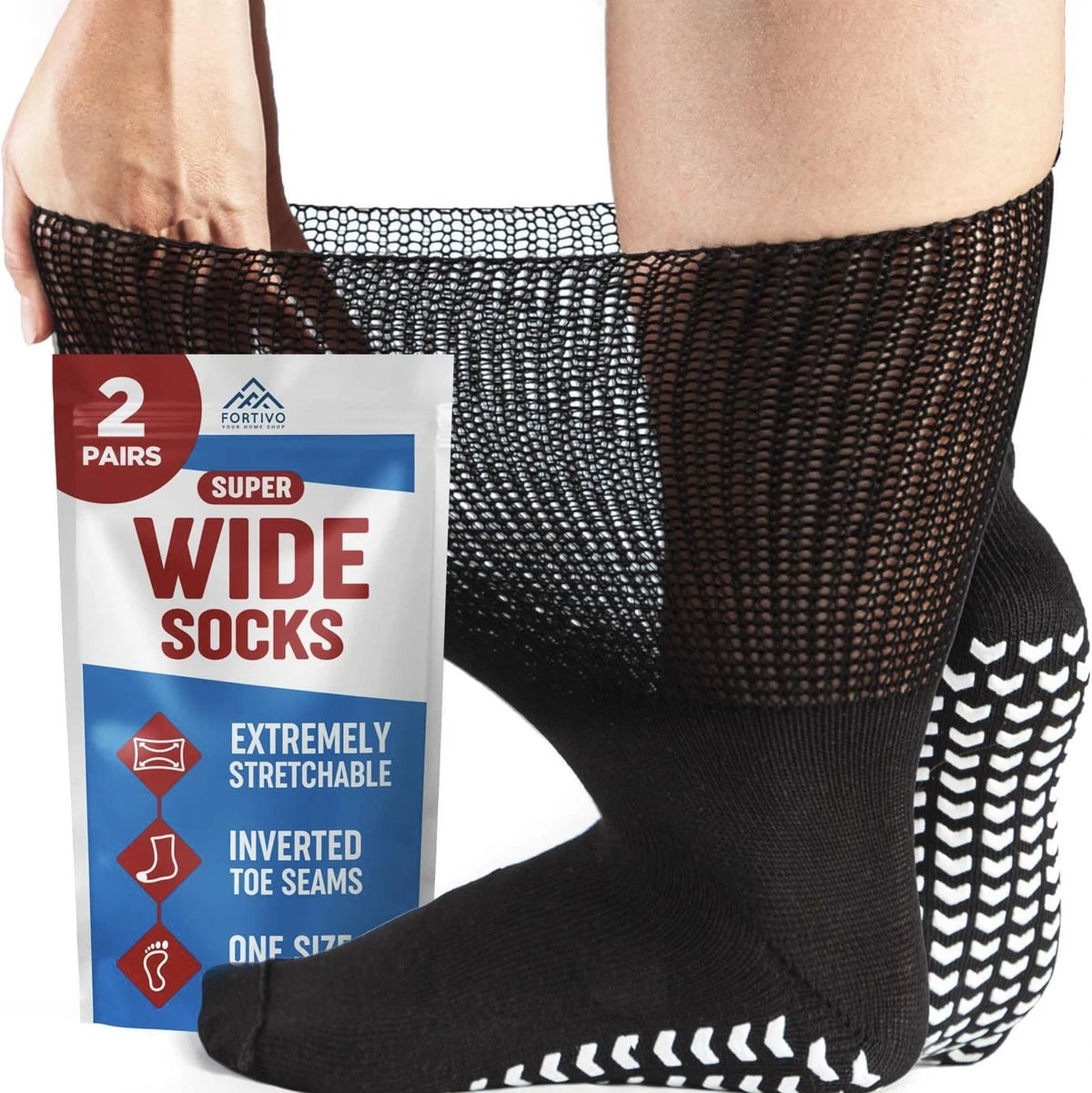 2 Pairs Extra Wide Socks For Swollen Feet, Non-Slip Hospital and 11-13, Black