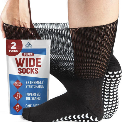 2 Pairs Extra Wide Socks For Swollen Feet, Non-Slip Hospital and 11-13, Black