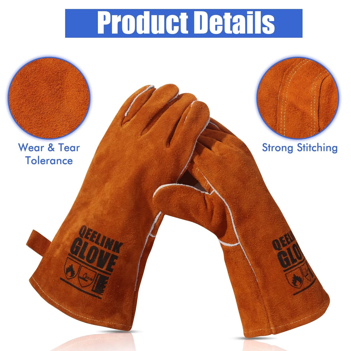 QeeLink Welding Gloves - Heat/Fire 2 Count (Pack of 1), Brown (14-inch)