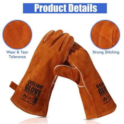 QeeLink Welding Gloves - Heat/Fire 2 Count (Pack of 1), Brown (14-inch)