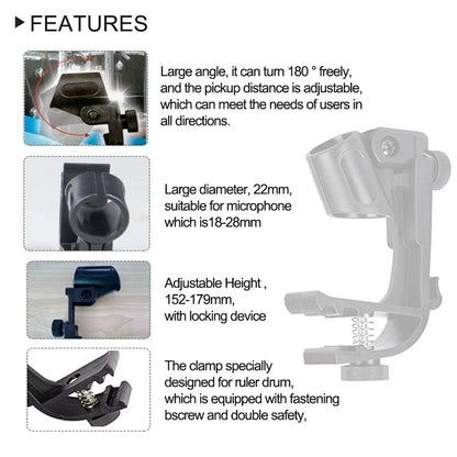 Adjustable Drum Rim Mic Clips - Microphone Mount Clamp (Pack of 2) Black