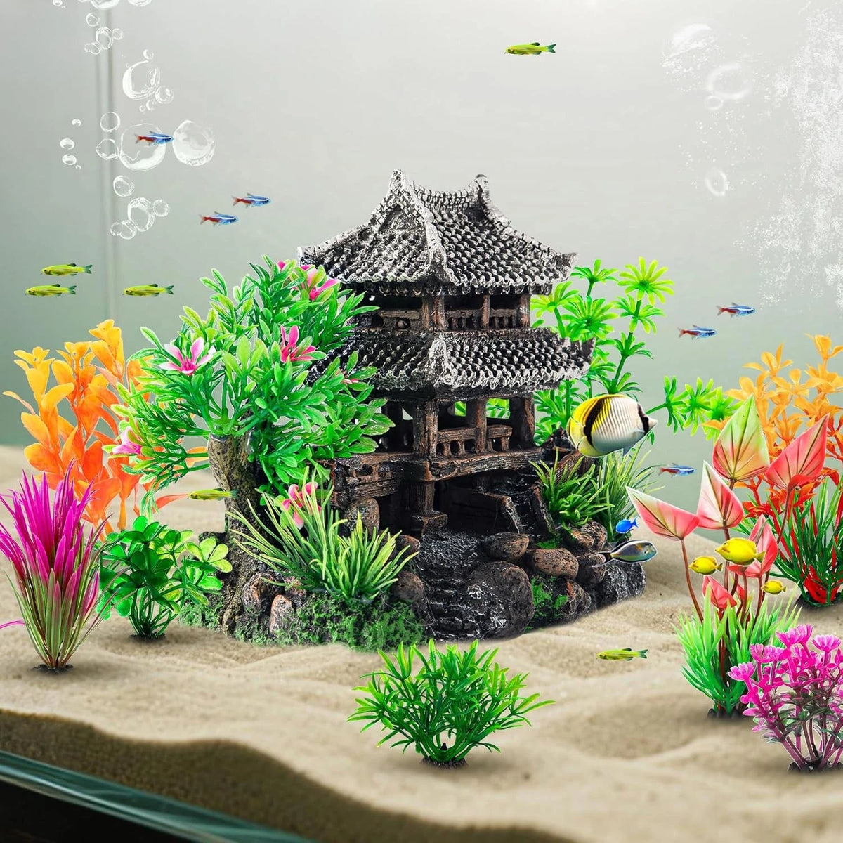 CousDUoBe 9Pcs Resin Castle Decorations Set，Realistic Fish Tank Gray