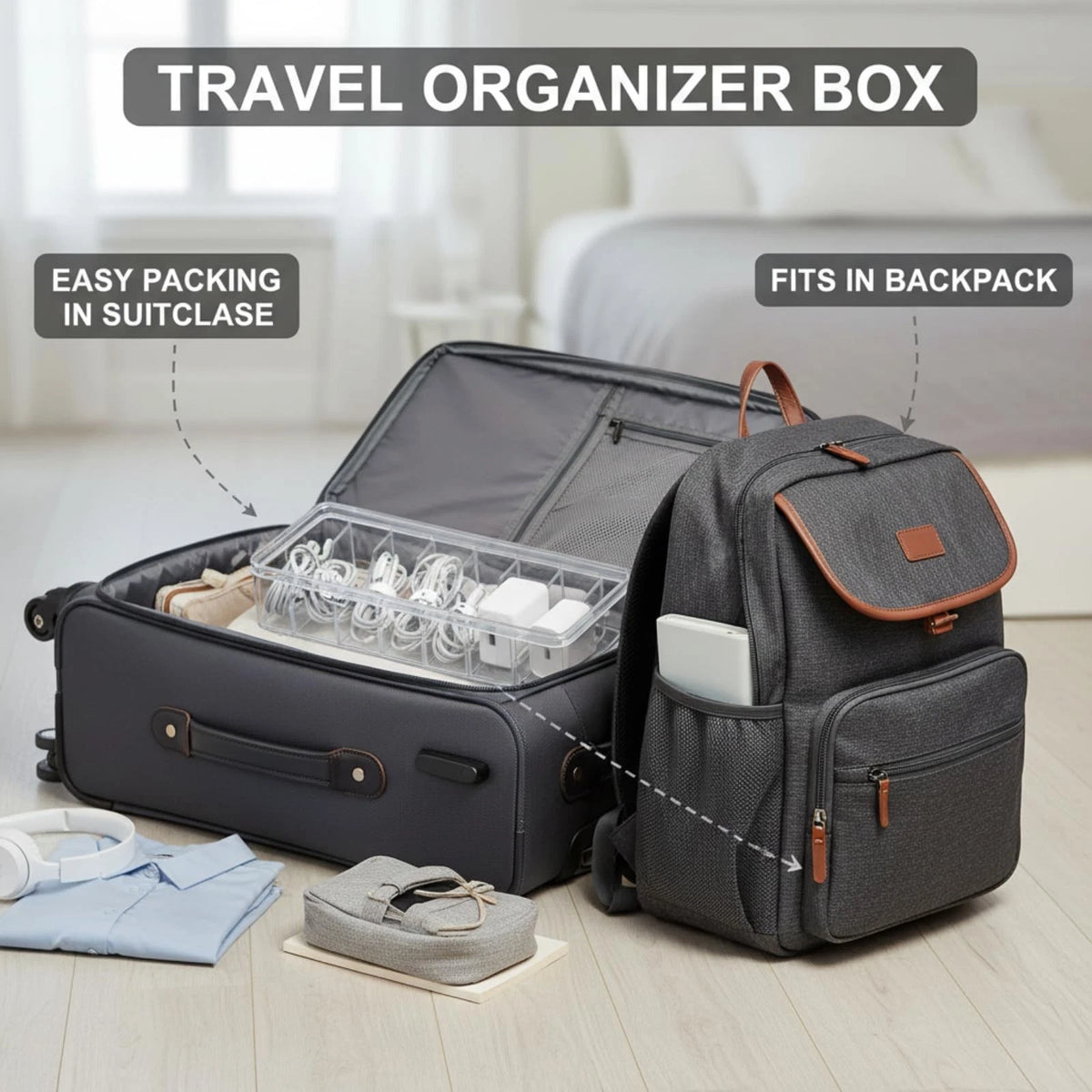 Tatuo 1 Pcs Cable Organizer Box with Wire 10.79'' X 3.78'' X 1.97'', Clear