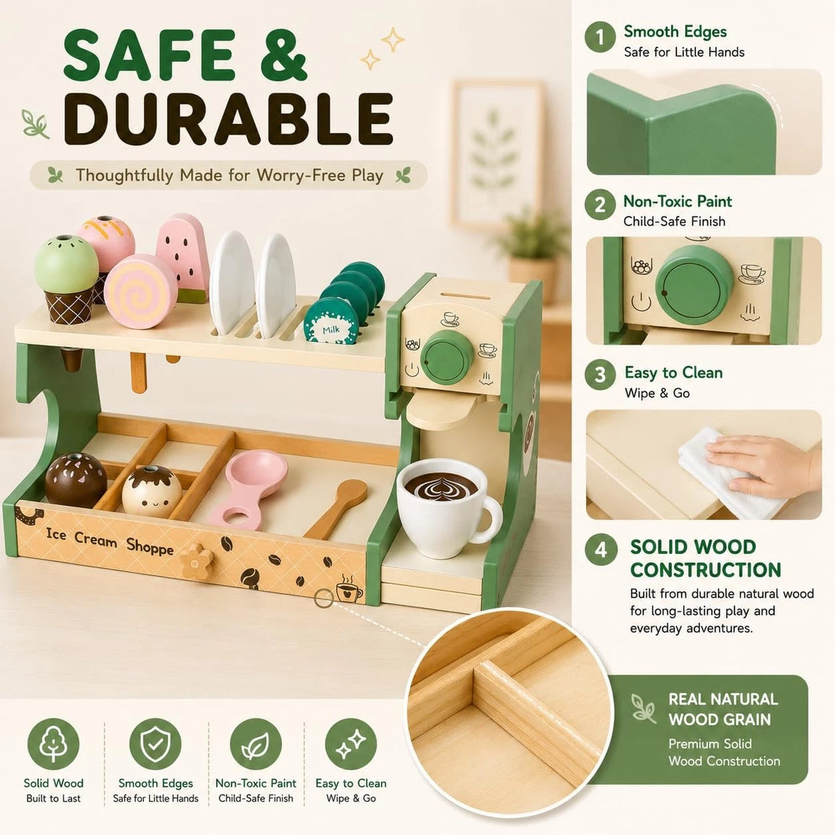 Wooden Ice Cream Shop & Kids Coffee Maker Playset - child-size, Pastel Green