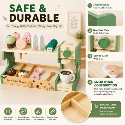 Wooden Ice Cream Shop & Kids Coffee Maker Playset - child-size, Pastel Green