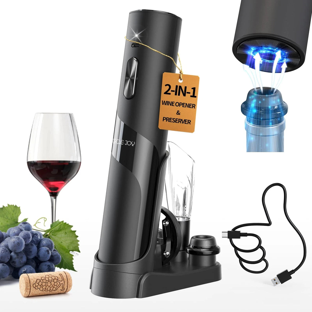 CIRCLE JOY Rechargeable Wine Opener 7-in-1 Set with Charging Base, Black