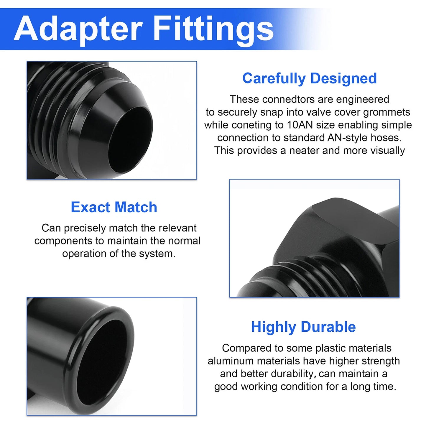 2-Pack SBC 10AN Valve Cover Adapter Aluminum Fittings for Push-In Grommet Black