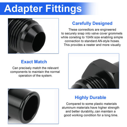 2-Pack SBC 10AN Valve Cover Adapter Aluminum Fittings for Push-In Grommet Black