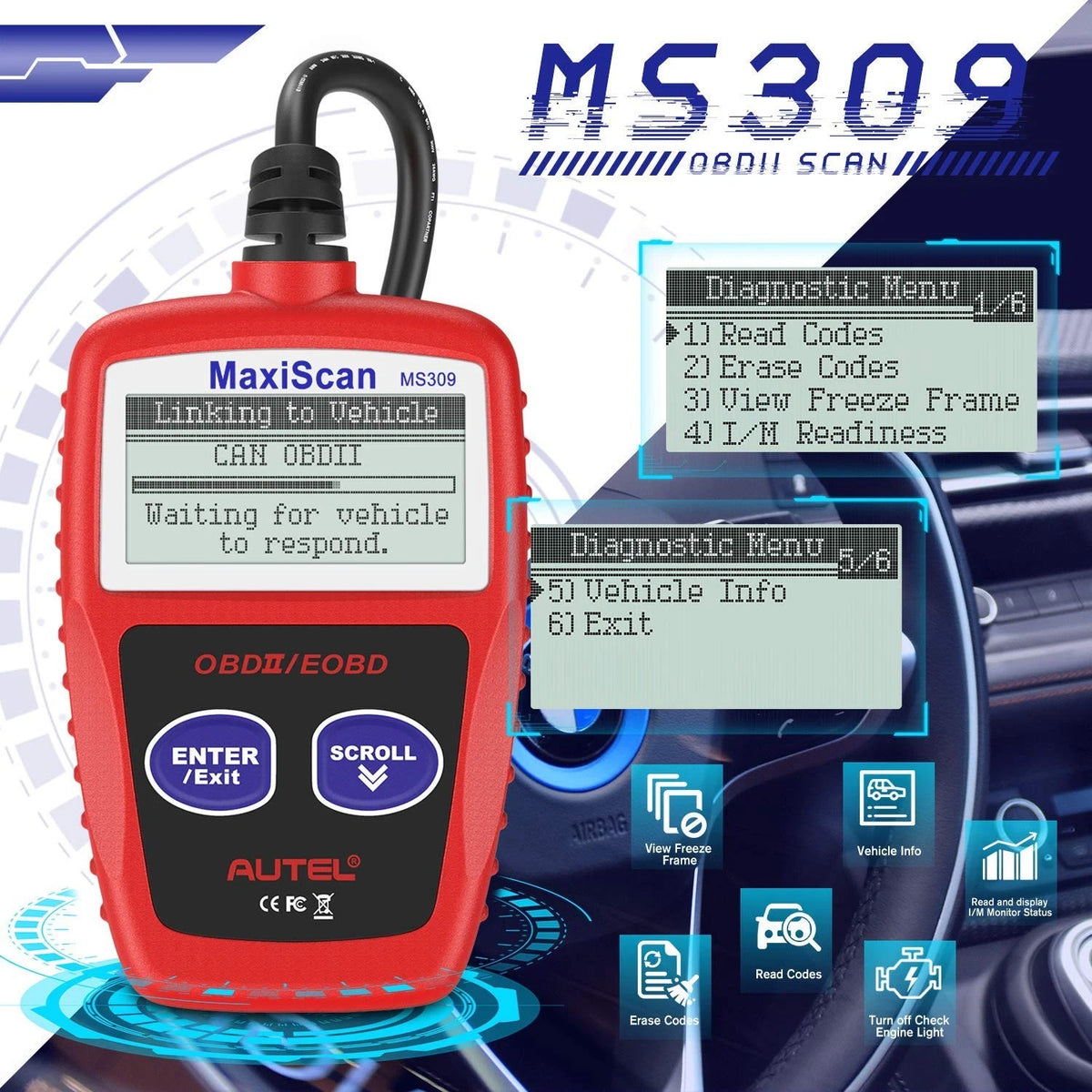 Autel OBD2 Scanner MS309 Universal Car Engine Fault Code Reader, Check S, Red