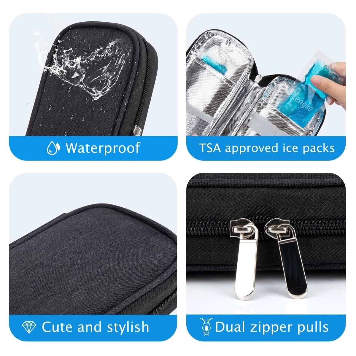 YOUSHARES Insulin Cooler Travel Case - Diabetic 2 Ice Packs, Black