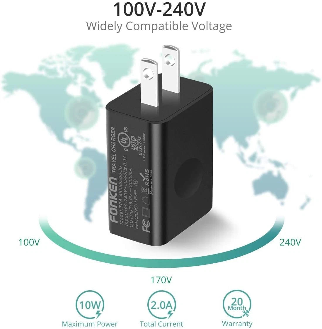 FONKEN USB Wall Charger, 3-Pack 5V 2A Power Adapter Universal Travel Black