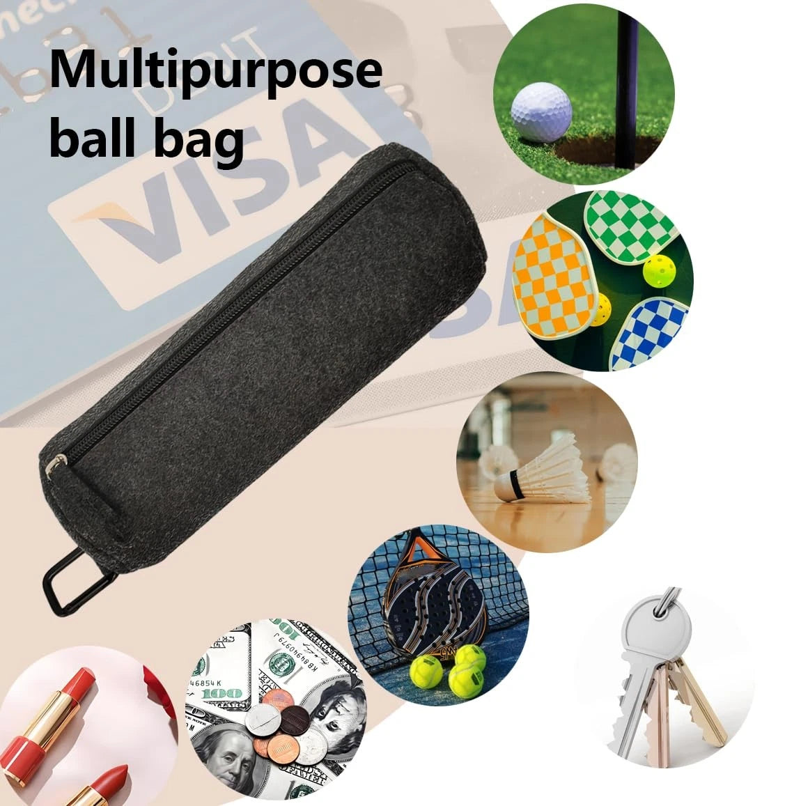 nsgglecher 2Pcs Pickleballs Holder Bag with Metal Hook, Small to Medium, Grey