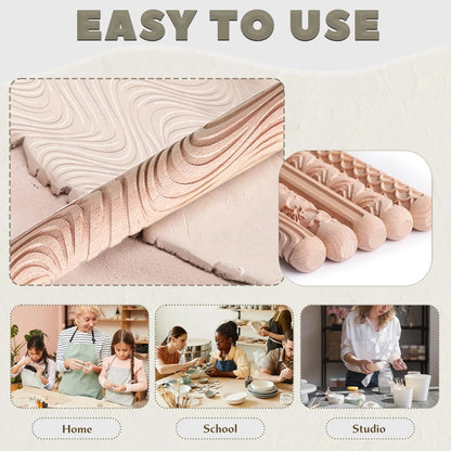 Krbnk 11 Pcs Clay Pottery Tools Kit with 5 Texture Rollers,4 Wood