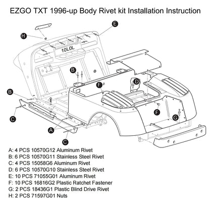 10L0L Golf Cart Complete Body Metal Rivet Hardware Kit for 1994+ EZGO TXT...
