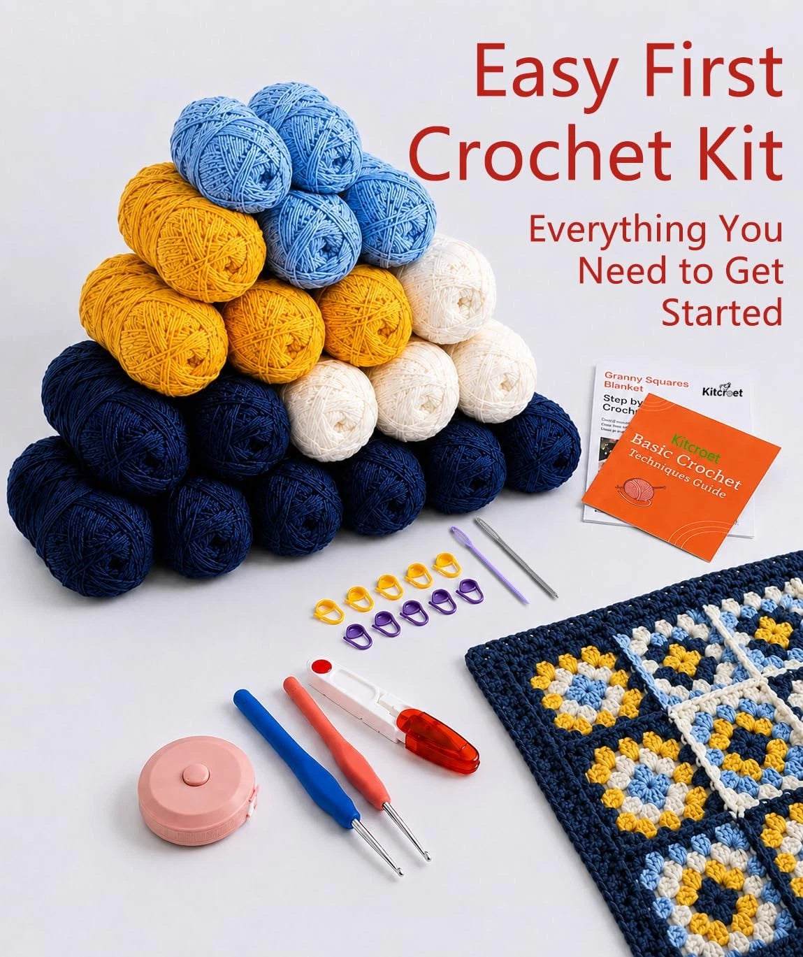 Kitcroet Granny Square Crochet Kit for Beginners, Complete Coastal Sunshine