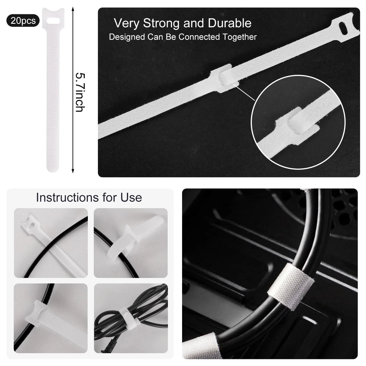AOOTOOSPORT 137PCS Cable Management Kit 4 Sleeve Split 5 inches, White