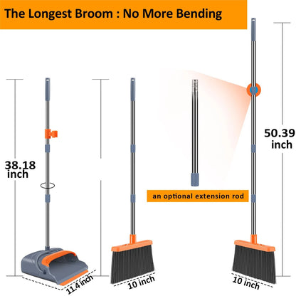 kelamayi Upgrade Broom and Dustpan Set, 50.39 inches, Gray&orange