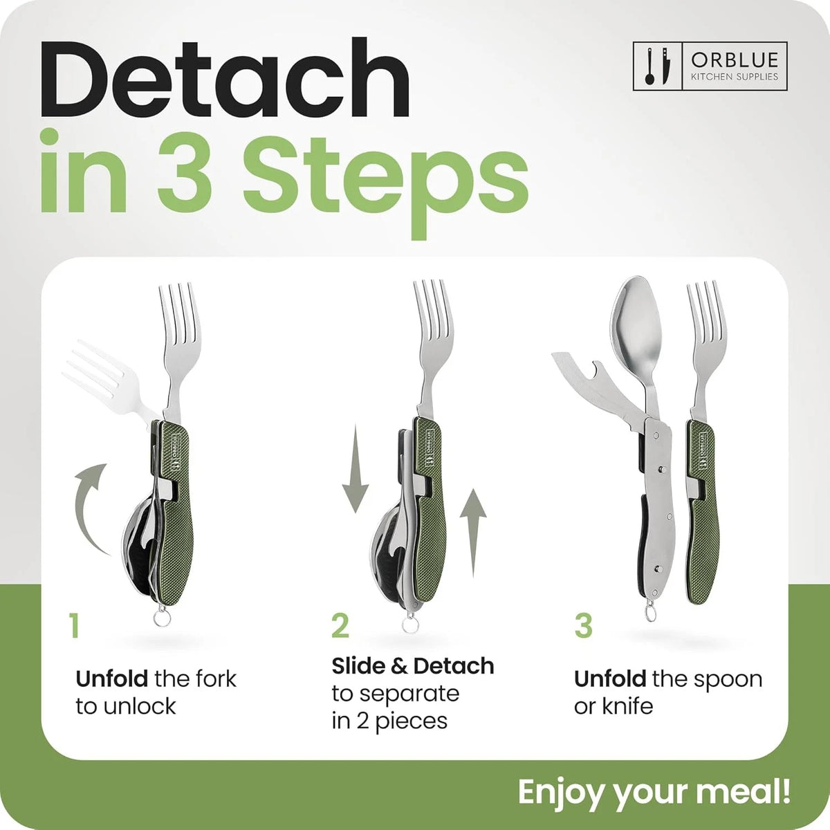 Orblue 4-in-1 Camping Eating Utensils, 2-Pack - Portable 2-PACK Olive Green