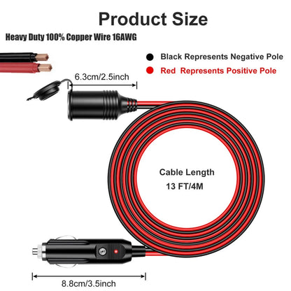 13FT 15A 12V-24V Cigarette Socket Extension 16AWG 240W for Bus Pickup Truck