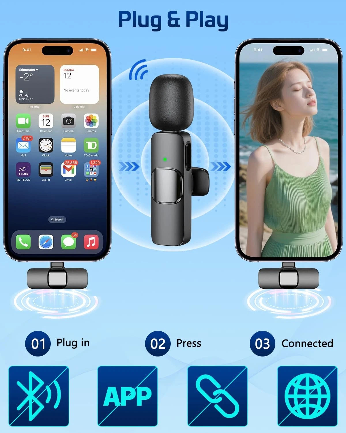 HONGJIEYUAN Pink Wireless Lavalier Microphone for iPhone & Android -