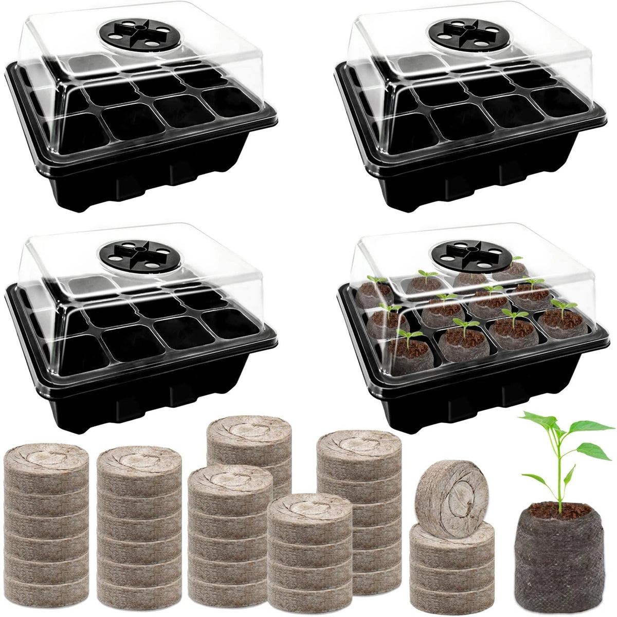 Halatool 4 Pack Seed Starter Tray with 50 PCS Peat 4 Set-black, Black