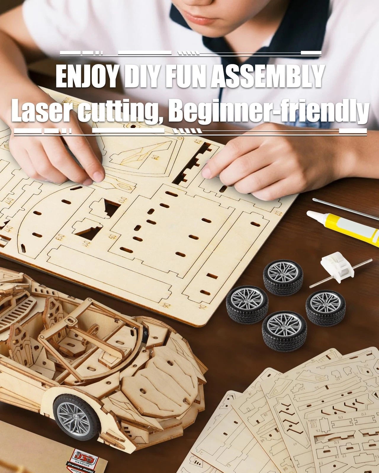 MOCBURIKU 3D Wooden Puzzles for Adults Roadster, Normal, Wood Color