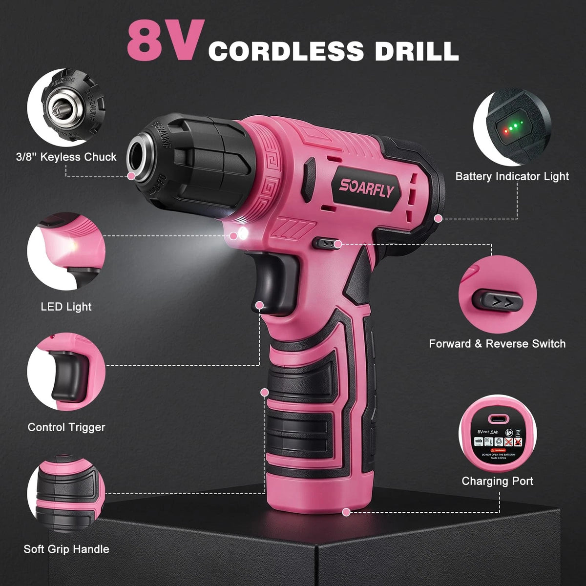 Tool Set, Kit for Home, 8V Cordless Drill 157PCS with Pink