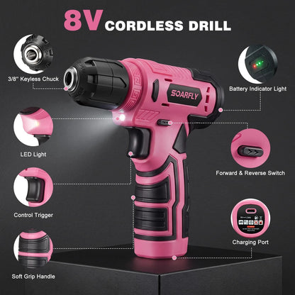 Tool Set, Kit for Home, 8V Cordless Drill 157PCS with Pink