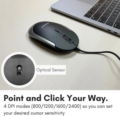 Macally Silent Wired Mouse - Slim & Compact USB Black with Space Gray Trim