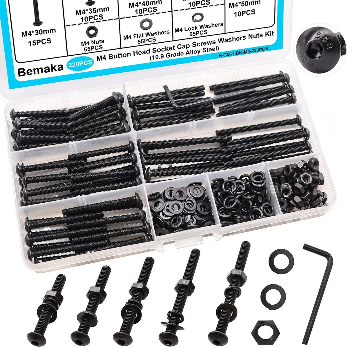 220PCS Black M4 Button Head Hex Socket Cap x 30/35/40/45/50mm,