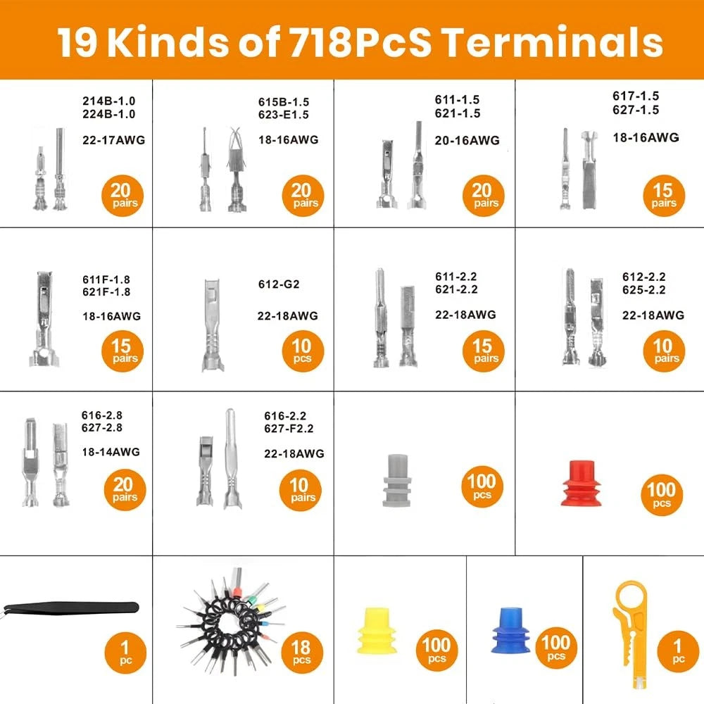 719PCS 19 Types Automotive Pin Connector Kit With Wire Crimping Tool, Nickel