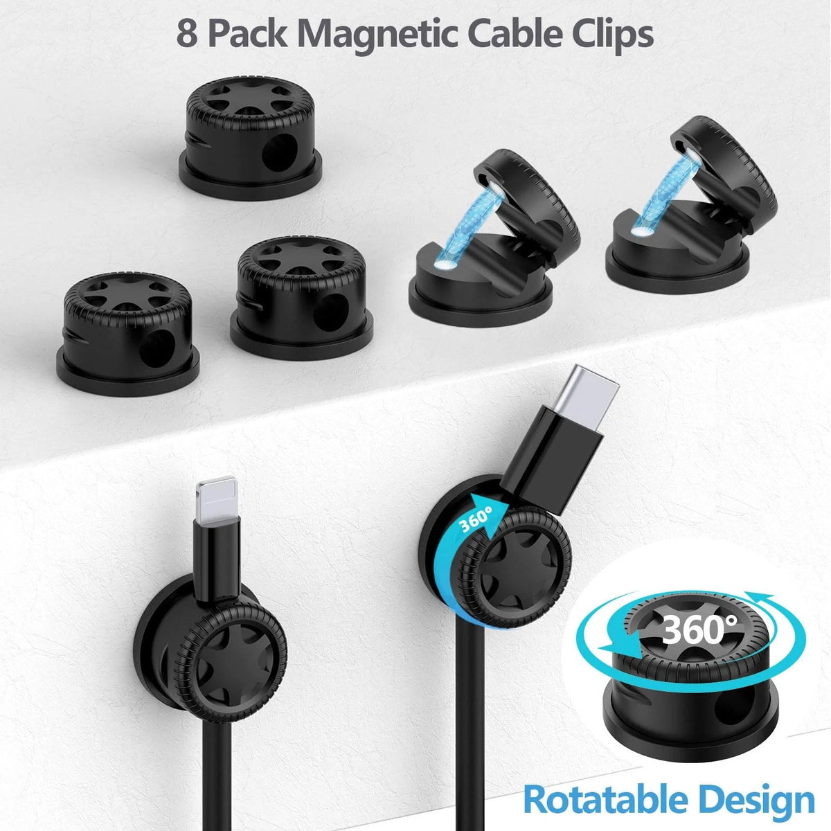 ELII 328Pcs Cable Management Kit, 8 Magnetic Holder,69Adhesive Black