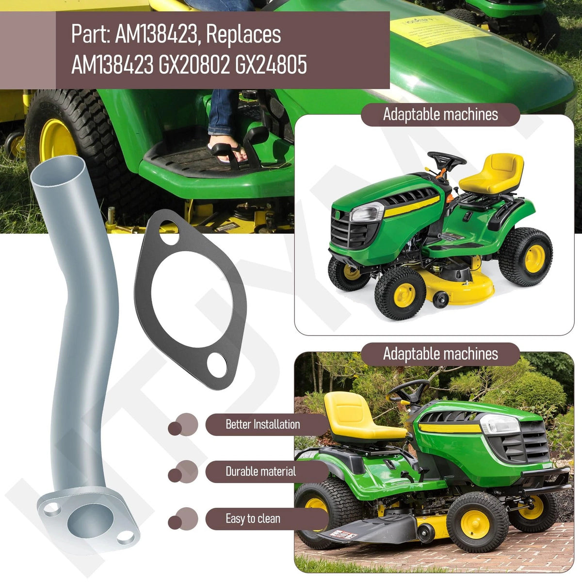 AM138423 Lawn Tractors Muffler W/Exhaust Pipe & Gasket, Replaces AM138423...