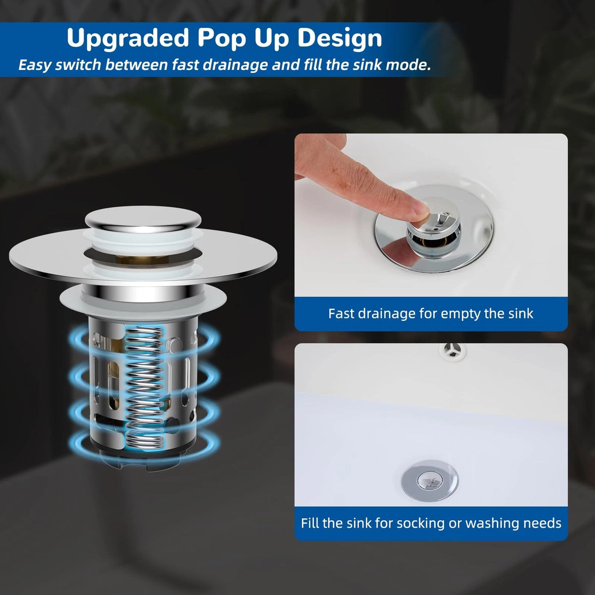 Hibbent Upgraded 3 in 1 Bathroom Sink Drain Strainer, Universal Pop Up Chrome