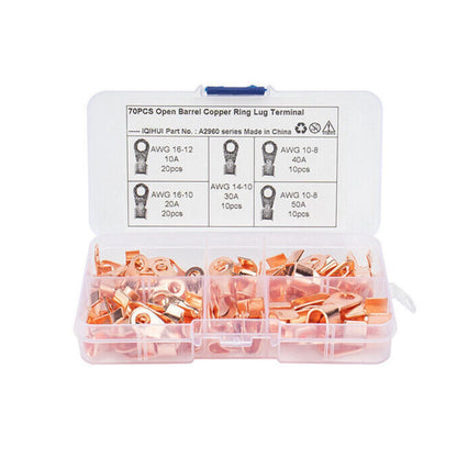 70pcs Heavy Duty Open Barrel Wire Crimp Connector Copper Ring Lug Terminal Kit