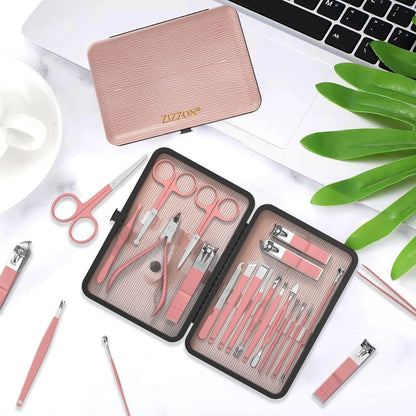 ZIZZON Manicure Set 18 in 1 Professional Pedicure Nail 18 Piece Set, Pink