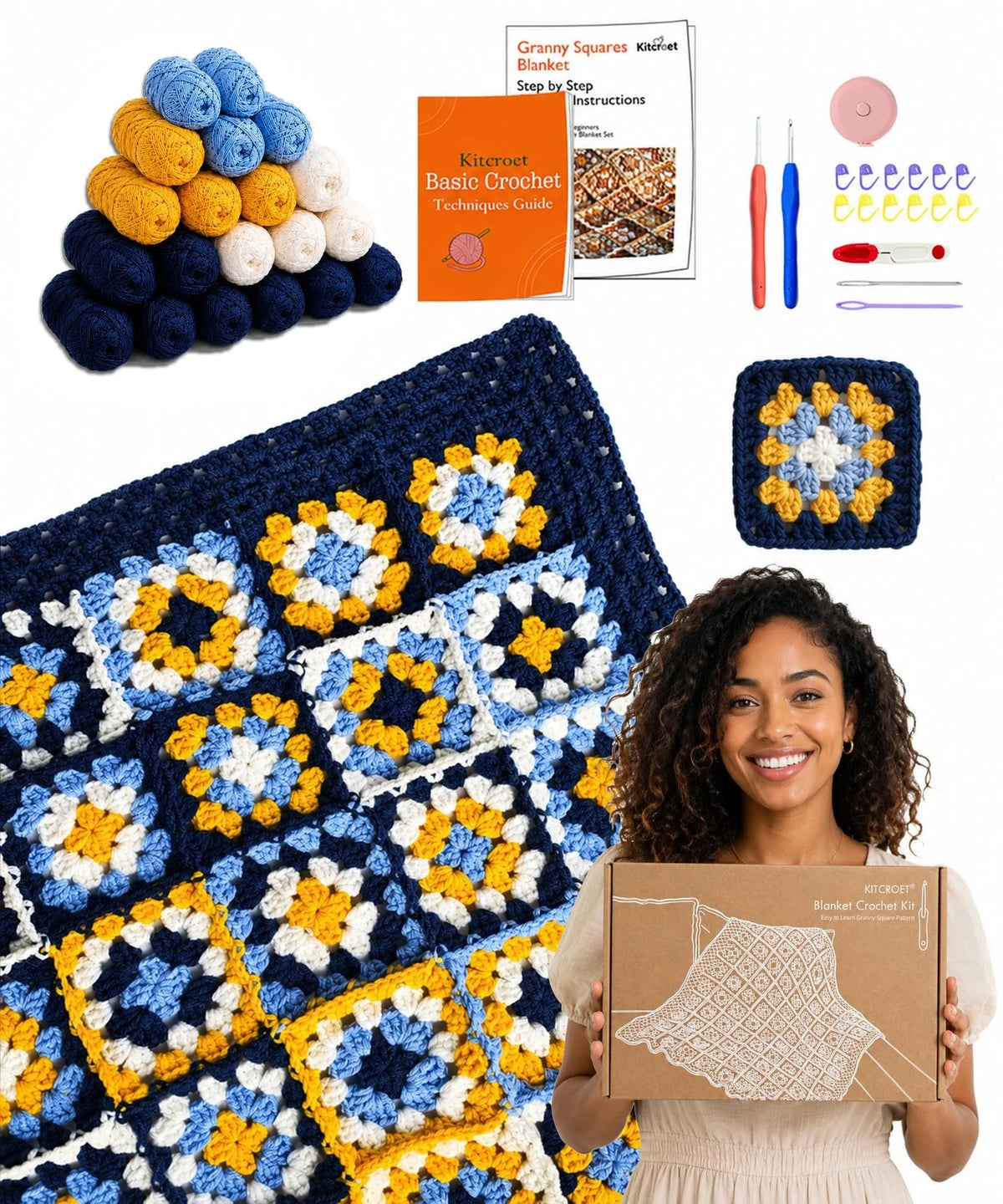 Kitcroet Granny Square Crochet Kit for Beginners, Complete Coastal Sunshine