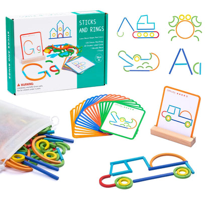142pcs Wooden Pattern Blocks Montessori Smart 23*16.5*3.8(CM), Multi-color