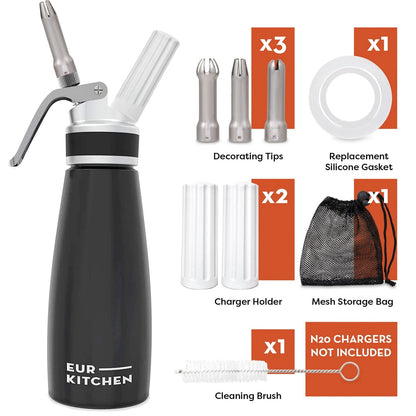 EurKitchen Professional Aluminum Whipped Cream Dispenser, Black