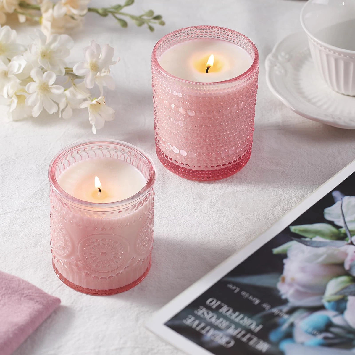 DARJEN 12 Pack Pink Candle Jars for Making Candles- 3 Styles Glass
