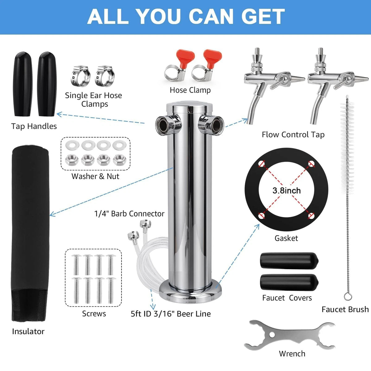 Adjustable Dual Tap Kegerator Tower Draft Beer 3 beer tap tower, Silver