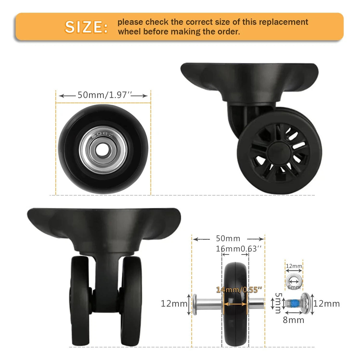 Luggage Replacement Wheels Set 8Pcs 1.97"x0.55"（50mm x 14mm） Rubber Black