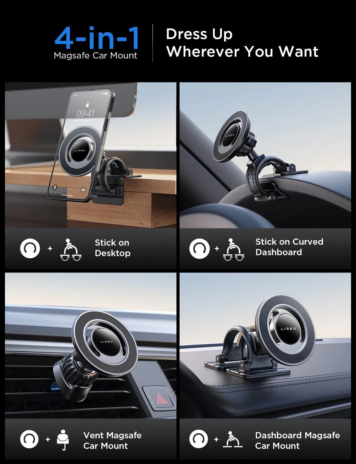 LISEN for MagSafe Car Mount [360° Rotation] Magnetic Phone Compact, Black