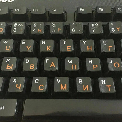 2Pcs Plastic Russian Standard Keyboard Layout Sticker Orange Letters on Black.